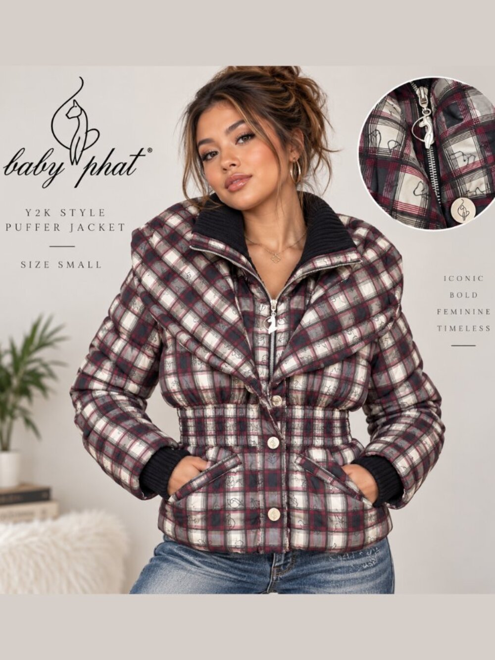 Vintage Y2K Baby Phat Plaid Puffer Jacket Size S Cinched Logo Coat